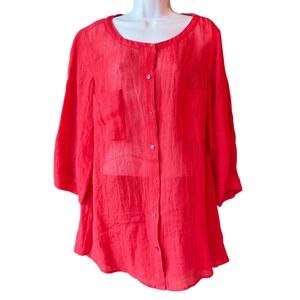 EILEEN FISHER 100% Linen Button Up‎ Tunic Top Blouse Red Size Large Lagenlook